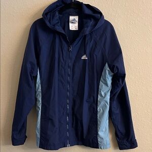 Adidas Windbreaker Jacket Women’s Navy Light Blue Mesh Lined Full Zip with Logo